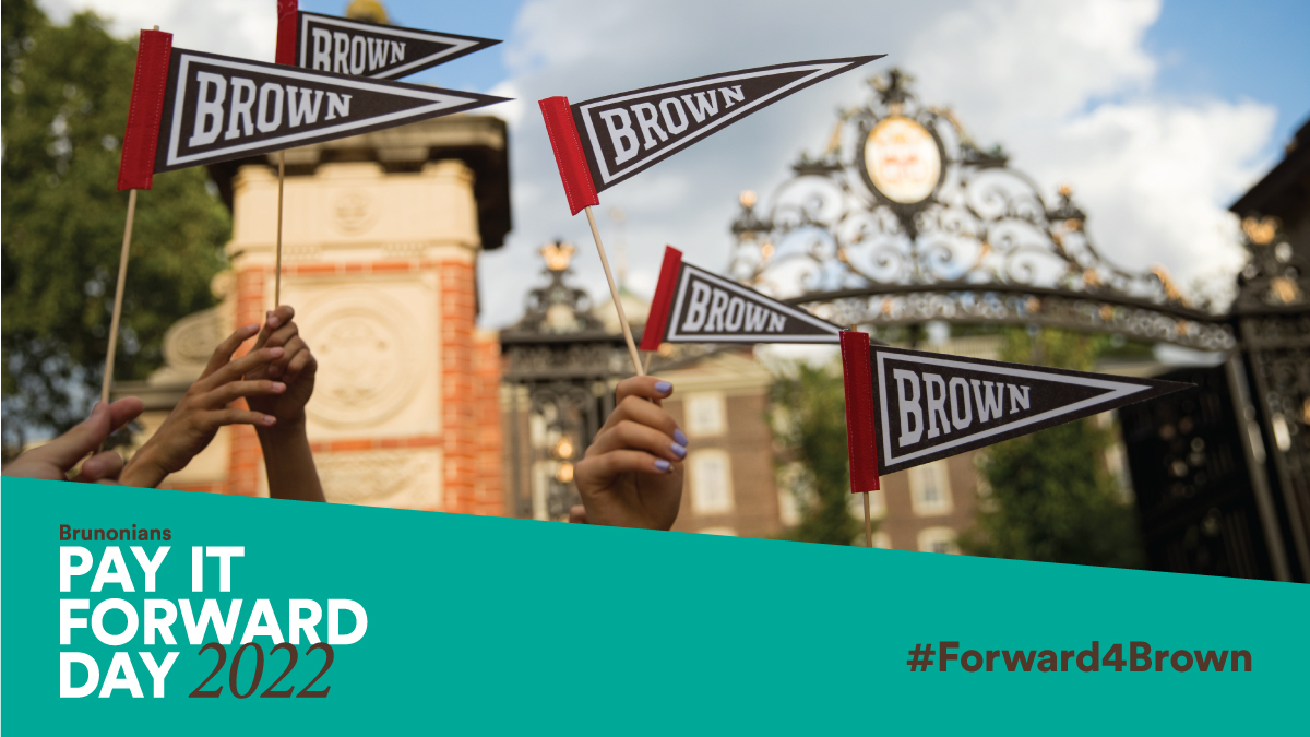 Brunonians Pay It Forward Day logo a photo of hands holding up the Brown pennant