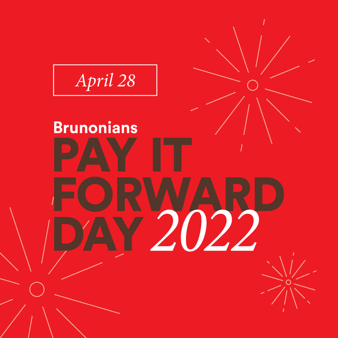 Brunonians Pay It Forward Day logo over a brown background with white firework line art