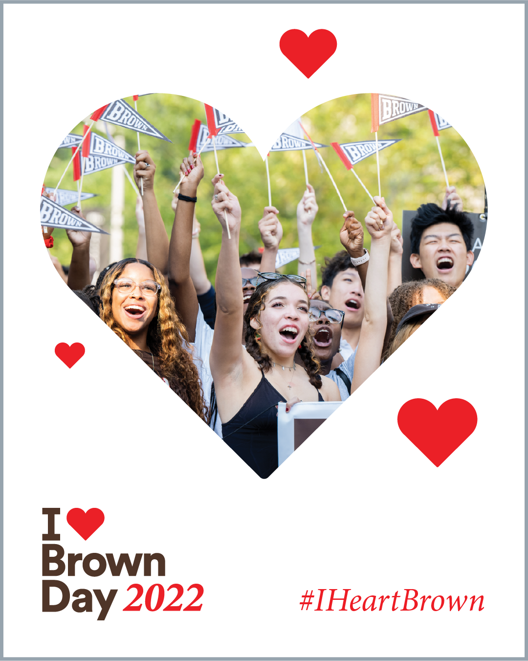 Photo of students cheering cut out in the shape of a heard on a white background with the I Heart Brown Day logo in the bottom left corner