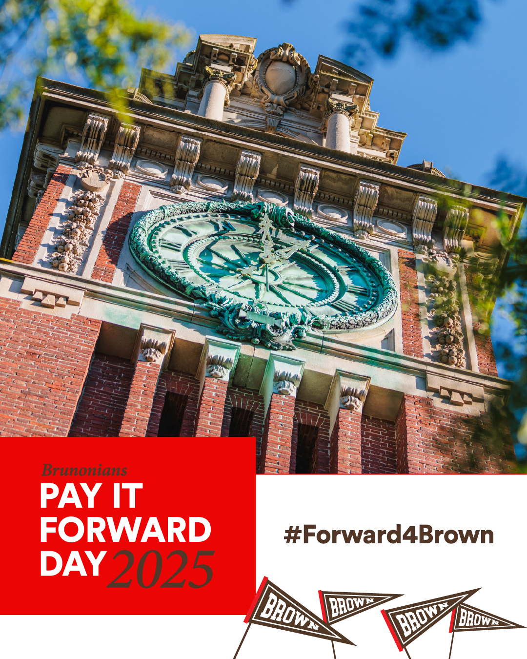 Brunonians Pay It Forward Day logo with a photo of the Carrie Tower
